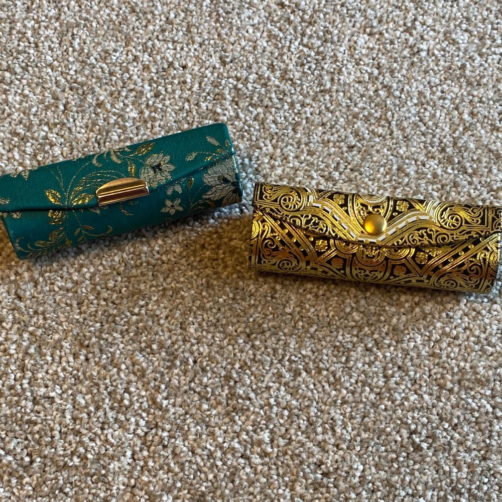 Vintage Italian Leather Gold Filigree & Teal Floral Brocade Lipstick Case Set 2